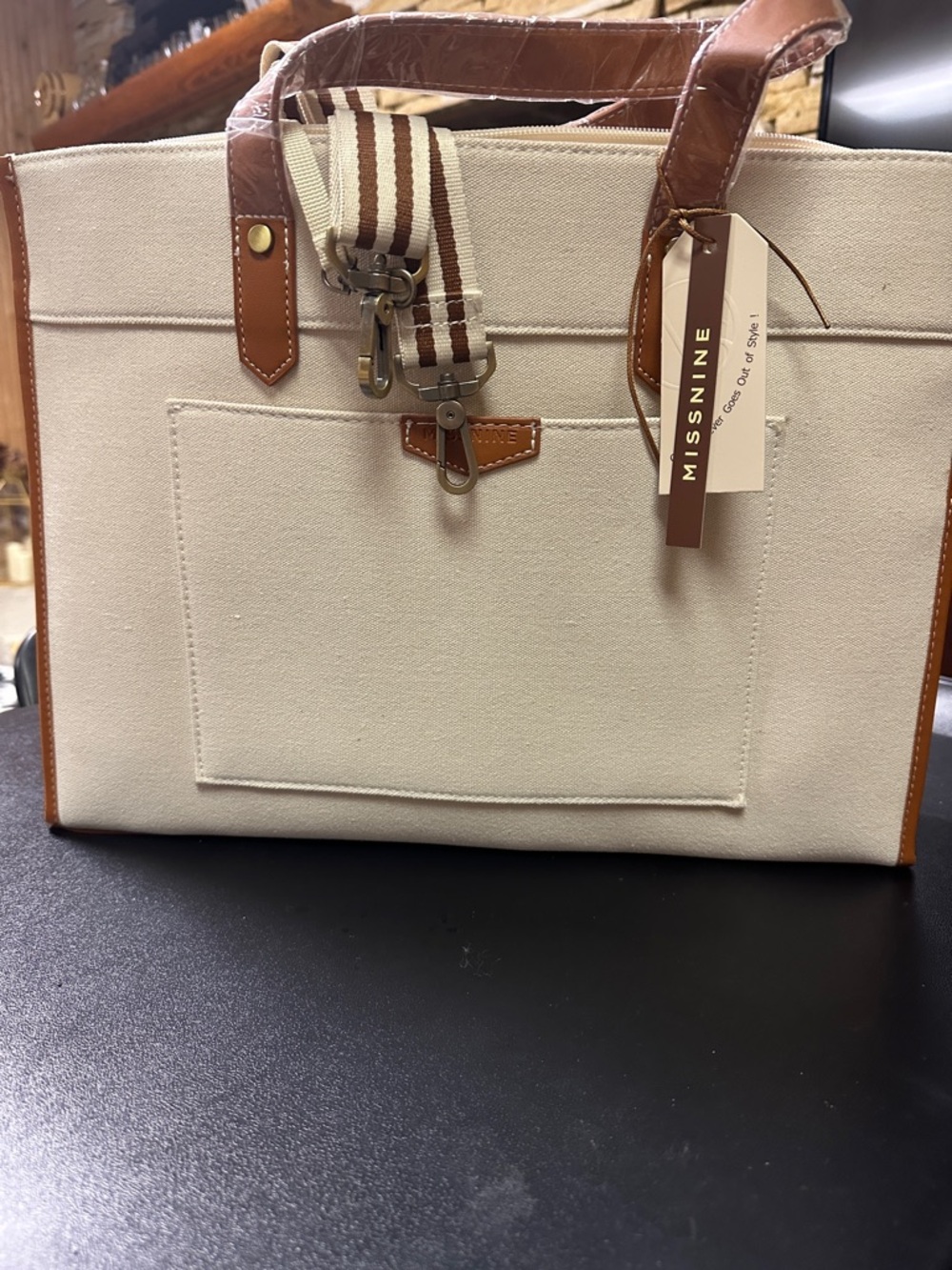 Miss Nine Canvas Tote with Brown Trim